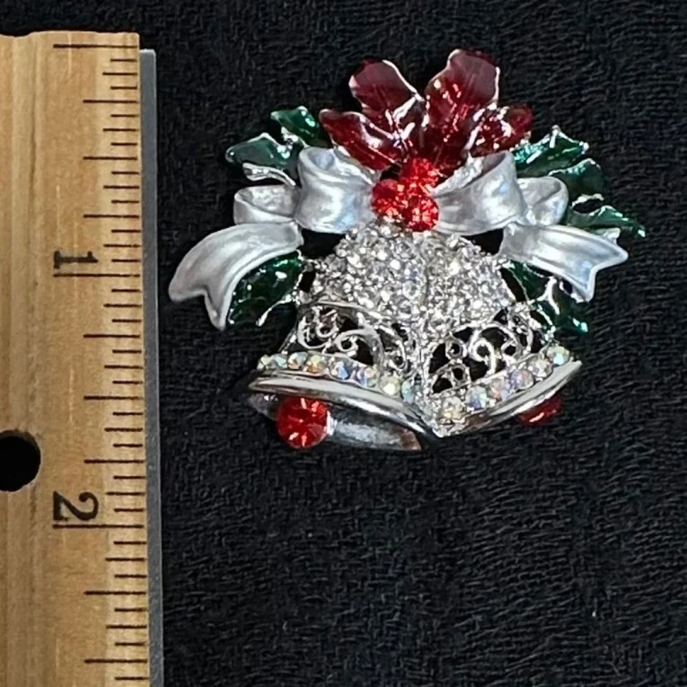 Christmas Bell Brooch Silver Tone Red Holiday Rhinestone‎
